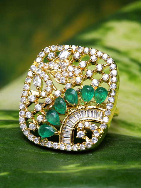 

Bhana Fashion Gold-Plated White & Green Stone Studded American Diamond Handcrafted Geometric Finger Ring