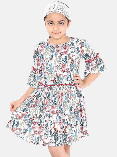 

naughty ninos Girls White & Blue Printed Fit and Flare Dress