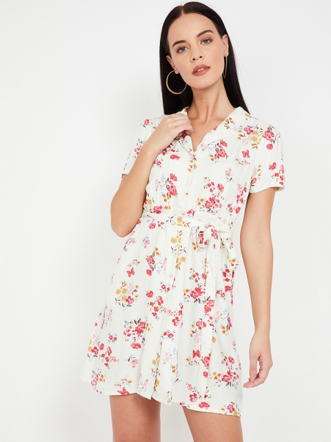 

Ginger by Lifestyle Women Off-White & Pink Floral Printed Shirt Dress
