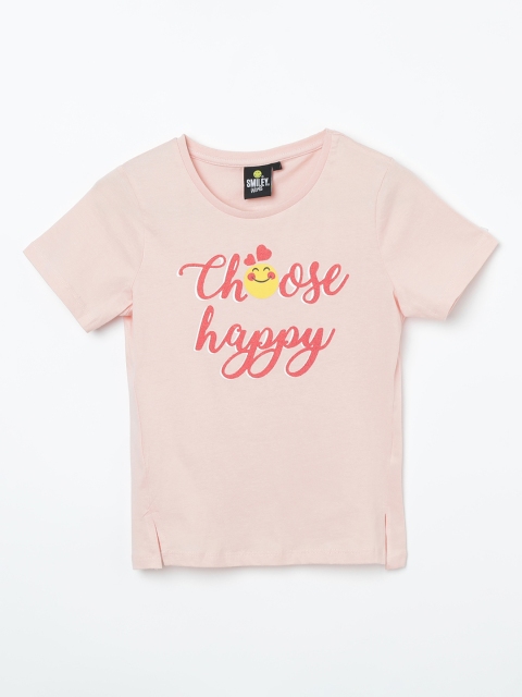 

Smiley World Girls Pink Printed Knitted Pure Cotton Top
