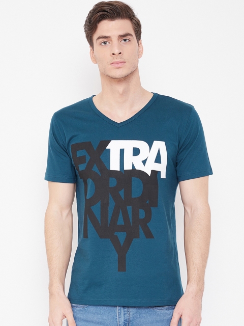 

C9 Men Teal Blue Printed V-Neck T-shirt