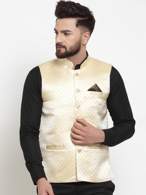 

KLOTTHE Men Beige Woven-Design Satin Nehru Jacket
