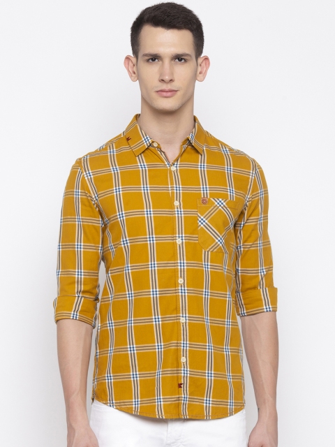 

SPYKAR Men Yellow & Navy Blue Slim Fit Checked Casual Shirt