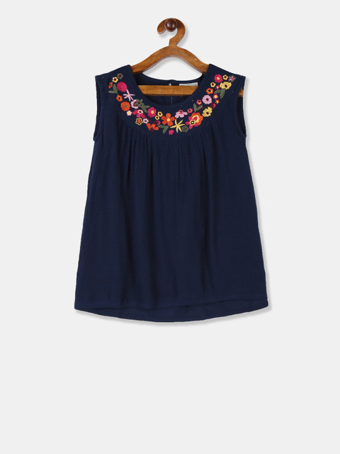 

Cherokee Girls Blue Solid Embroidered Neck A-Line Top