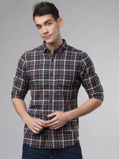 

Ecko Unltd Men Olive Green & Navy Blue Slim Fit Checked Casual Shirt