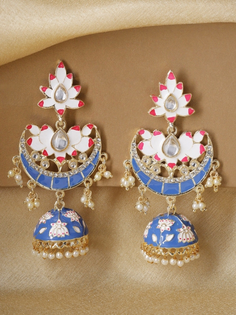 

Kairi Blue & White Gold-Plated Crescent Shaped Jhumkas