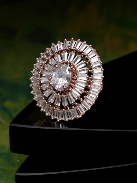 

Bhana Fashion Rose Gold-Plated & White American Diamond Handcrafted Oval Finger Ring