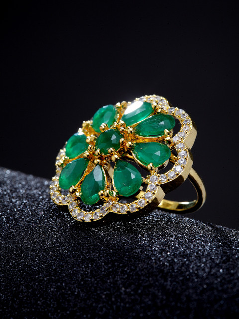 

Bhana Fashion Gold-Plated Green & White Stone Studded American Diamond Handcrafted Floral Finger Ring
