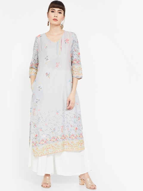 

Melange by Lifestyle Women Grey & Yellow Printed Straight Kurta