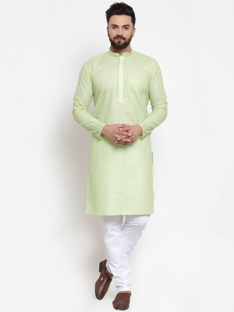 

Jompers Men Green & White Striped Kurta with Churidar