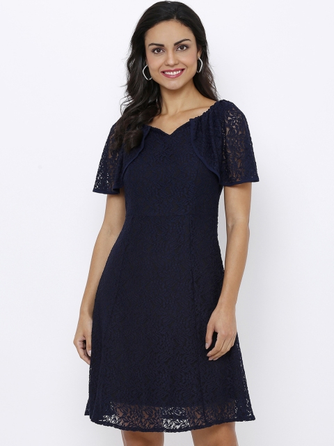 

Soie Women Navy Blue Self Design Fit and Flare Dress