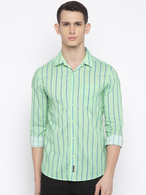 SPYKAR Men Green Slim Fit Striped Casual Shirt
