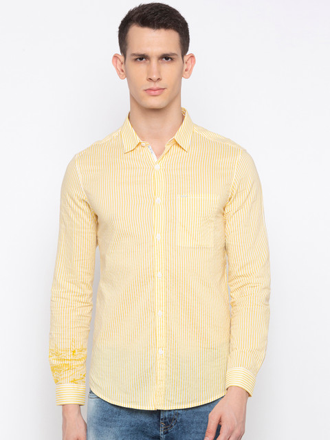 

SPYKAR Men Yellow Slim Fit Striped Casual Shirt