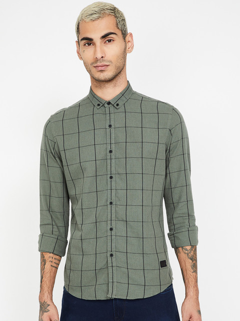 

Bossini Men Olive Green & Black Regular Fit Checked Casual Shirt