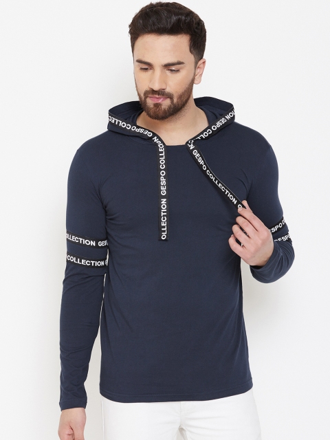 

GESPO Men Navy Blue Solid Hood T-shirt