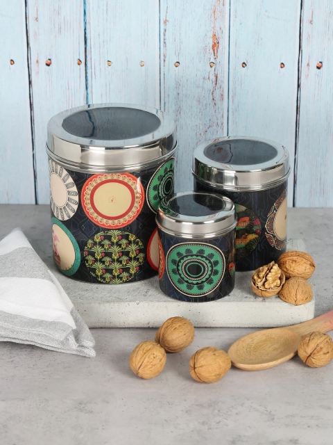 

India Circus by Krsnaa Mehta Set Of 3 Black & Green Printed Platter Portrayal Steel Containers