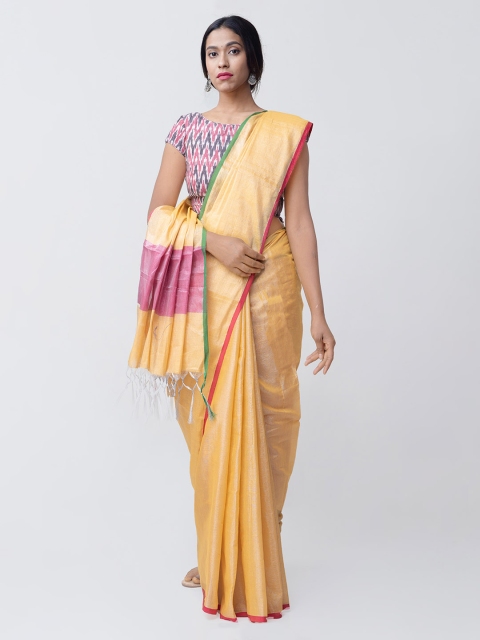 

Unnati Silks Yellow Silk Cotton Solid Banarasi Handloom Sustainable Saree