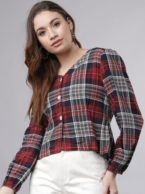

Tokyo Talkies Women Navy Blue & Red Checked Shirt Style Top