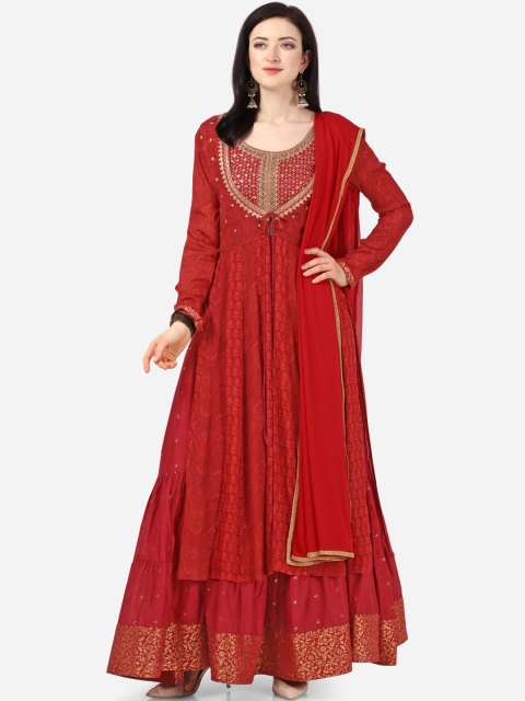 Maroon Poly Chiffon Semi-Stitched Gown Fabric