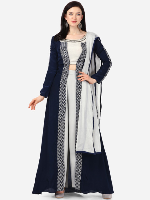 

Stylee LIFESTYLE Navy Blue & Grey Poly Crepe Semi-Stitched Dress Material