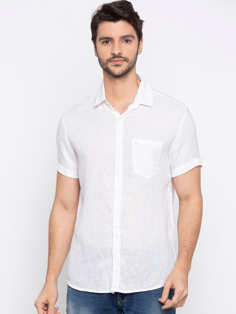 

SPYKAR Men White Slim Fit Solid Linen Casual Shirt