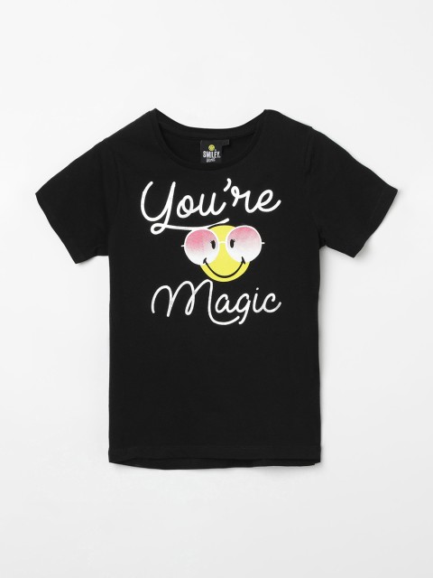 

Smiley World Girls Black Printed Round Neck T-shirt