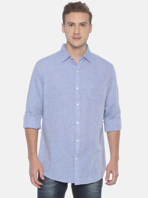 

Balista Men Blue Standard Regular Fit Solid Cotton Linen Casual Shirt