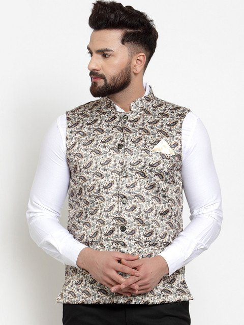 

KLOTTHE Men Black & Beige Printed Satin Nehru Jacket