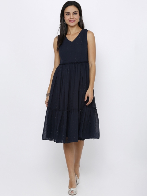 

Soie Women Navy Blue Embellished Fit and Flare Dress