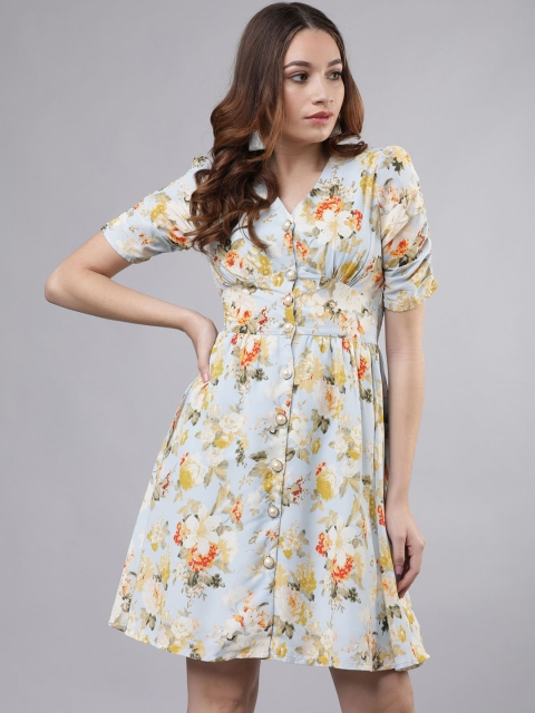 

Tokyo Talkies Women Blue & Yellow Printed Fit and Flare Dress