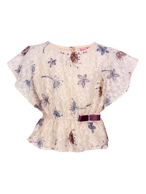 

CUTECUMBER Girls Cream-Coloured Floral Design Cinched Waist Top