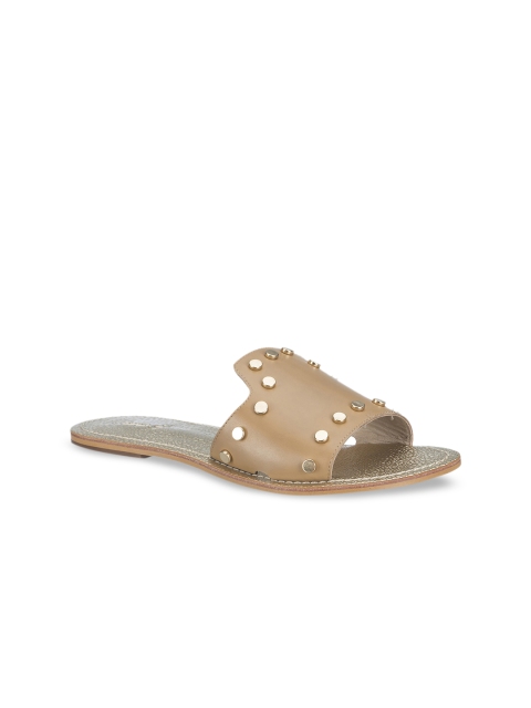 

Saint G Women Beige Embellished Leather Open Toe Flats