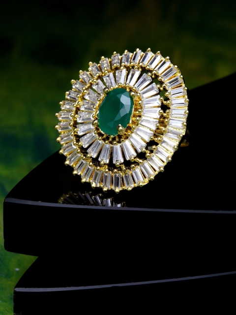 Bhana Fashion Gold-Plated White & Green Stone-Studded American Diamond Oval Handcrafted Finger Ring