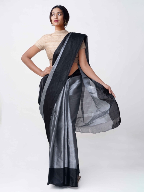 

Unnati Silks Grey & Black Pure Cotton Printed Uppada Saree
