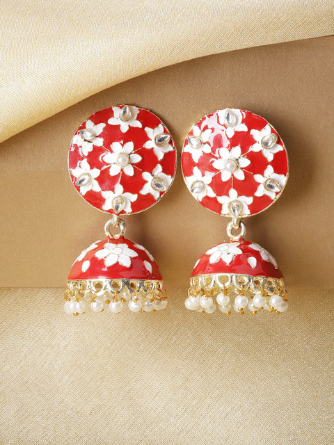 

Kairi Gold-Plated & Red Kundan Studded Dome Shaped Jhumkas