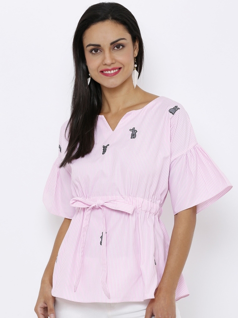 

Soie Women Pink & White Striped Peplum Top