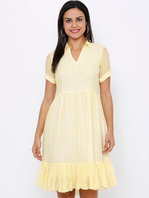 

Soie Women Yellow Striped Fit and Flare Dress