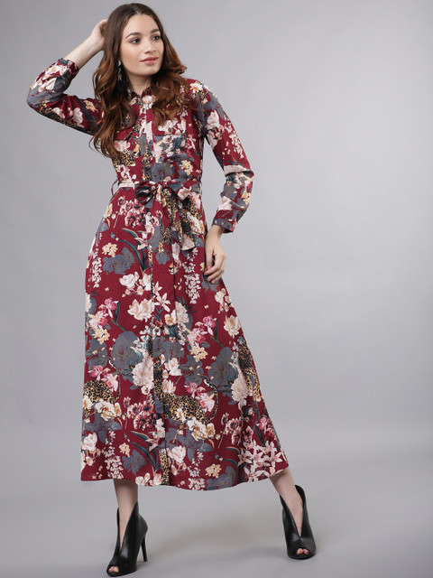 

Tokyo Talkies Women Burgundy Printed Maxi Dress