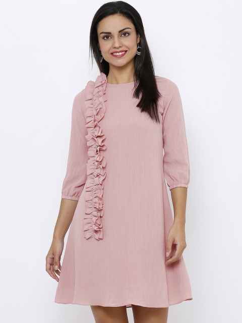 

Soie Women Pink Solid Ruffle A-Line Dress
