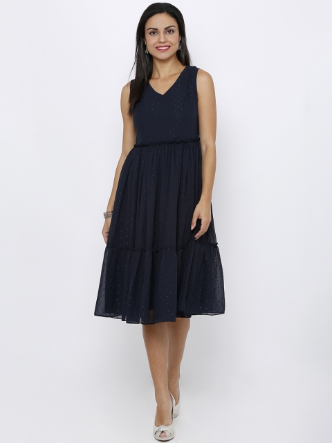 

Soie Women Navy Blue Embellished Fit and Flare Dress