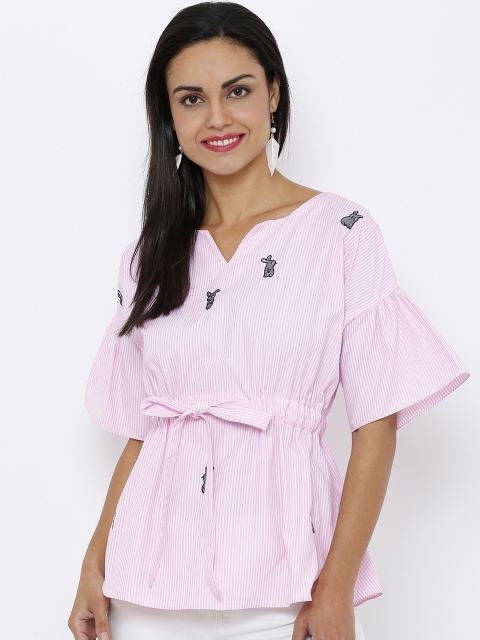

Soie Women Pink & White Striped Peplum Top