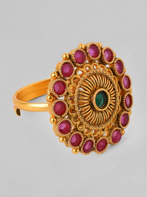 

Rubans Gold-Plated Pink & Green Stone-Studded Adjustable Handcrafted Statement Finger Ring