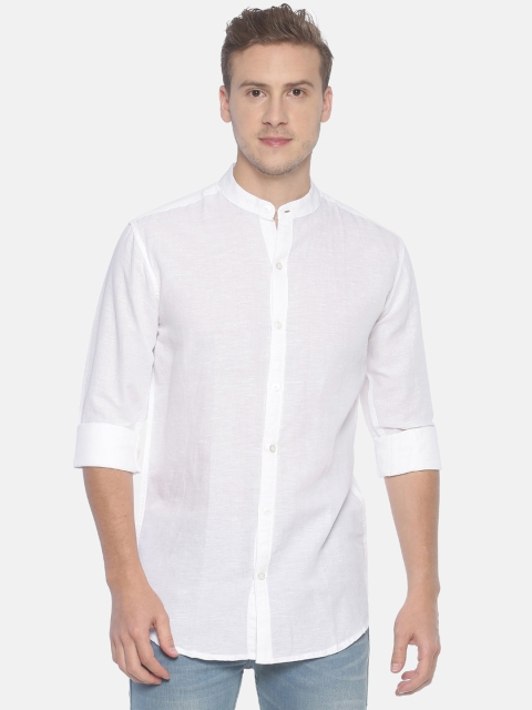 

Balista Men White Standard Slim Fit Solid Cotton Linen Casual Shirt