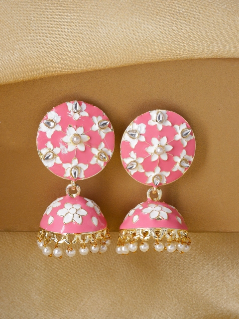 

Kairi Pink & Gold-Plated & Pink Kundan Studded Dome Shaped Jhumkas
