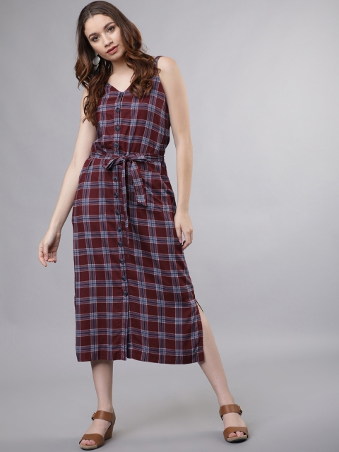

Tokyo Talkies Women Burgundy And Blue Checked Blouson Dress