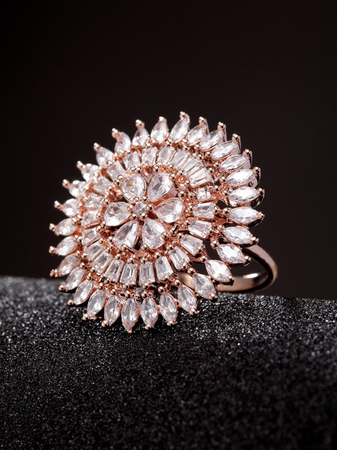 

Bhana Fashion Rose Gold-Plated & White American Diamond Handcrafted Floral Finger Ring