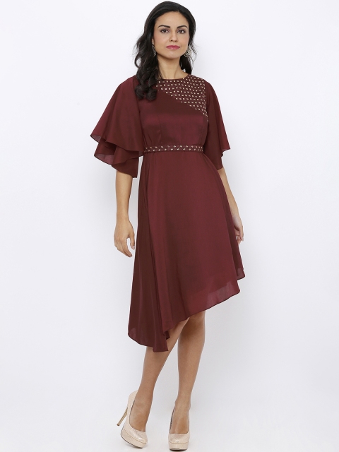 

Soie Women Burgundy Solid Fit and Flare Dress