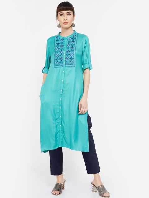 

Melange by Lifestyle Women Sea Green Embroidered Straight Kurta