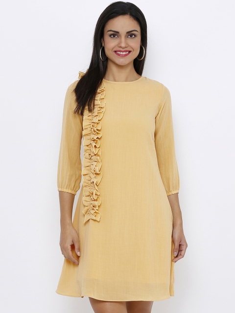 

Soie Women Yellow Solid Ruffle A-Line Dress