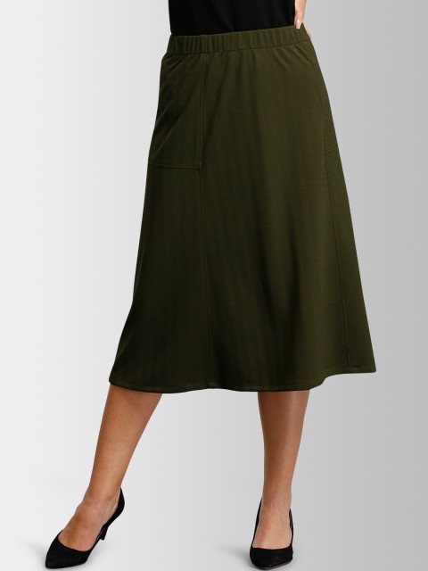 

FableStreet Olive Green Women Herringbone A-Line Skirt